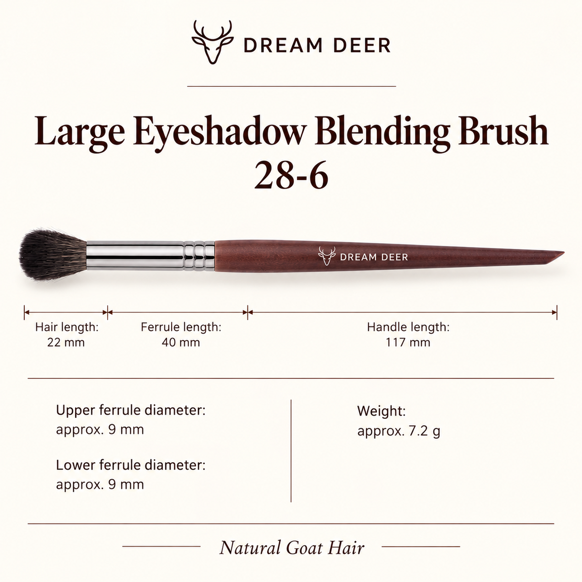 Dream Deer Large Eyeshadow Blending Brush — Professional Series 28-6 — measurements