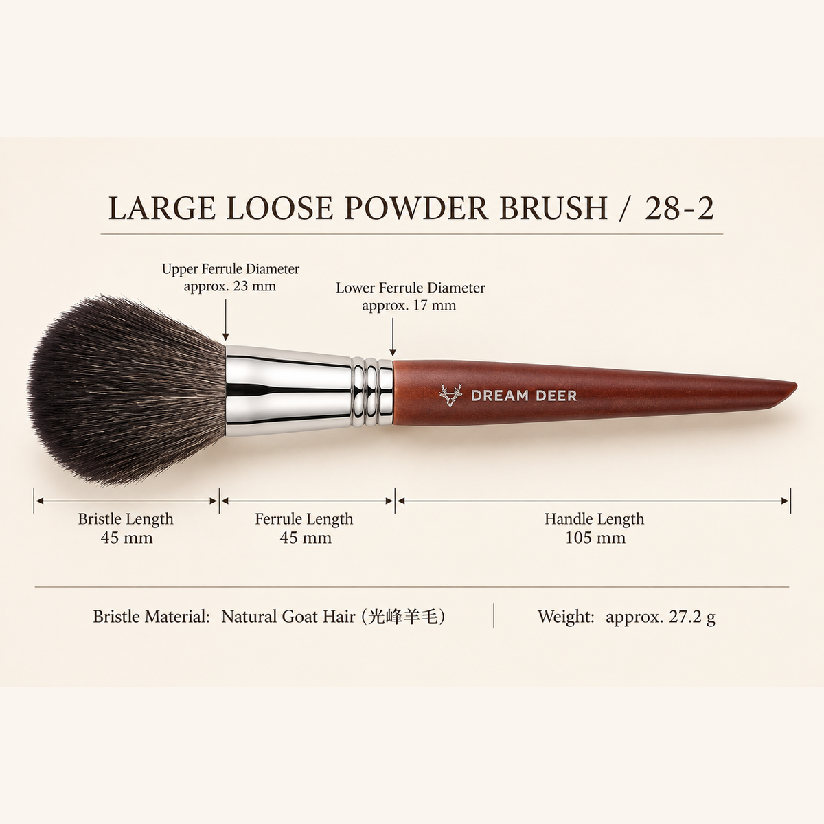 Dream Deer Large Loose Powder Brush 28-2 — measurements and Natural Goat Hair