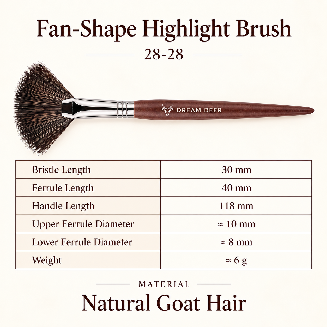 Dream Deer Fan-Shape Highlight Brush — Professional Series 28-28 — measurements