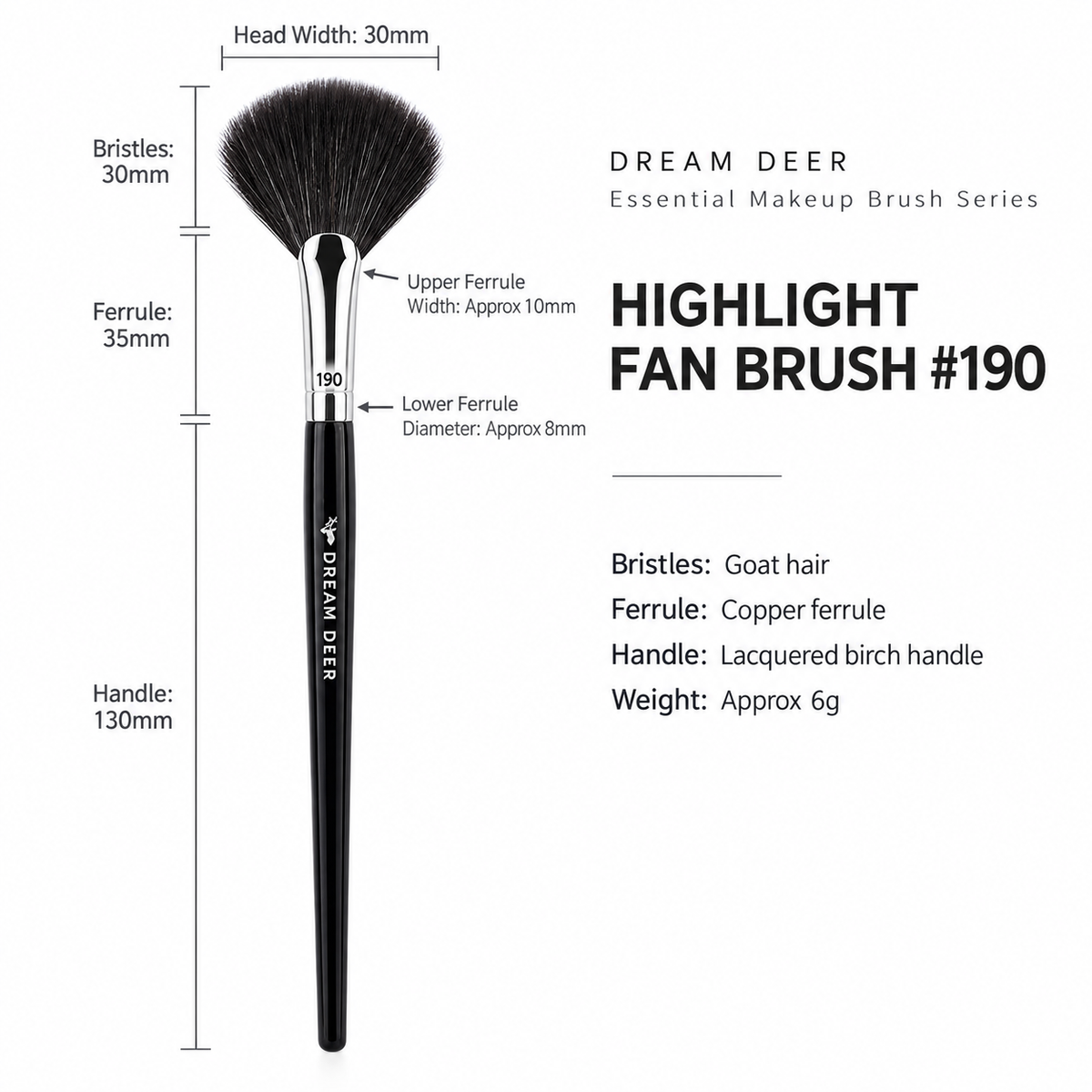 Dream Deer Highlight Fan Brush #190 measurements