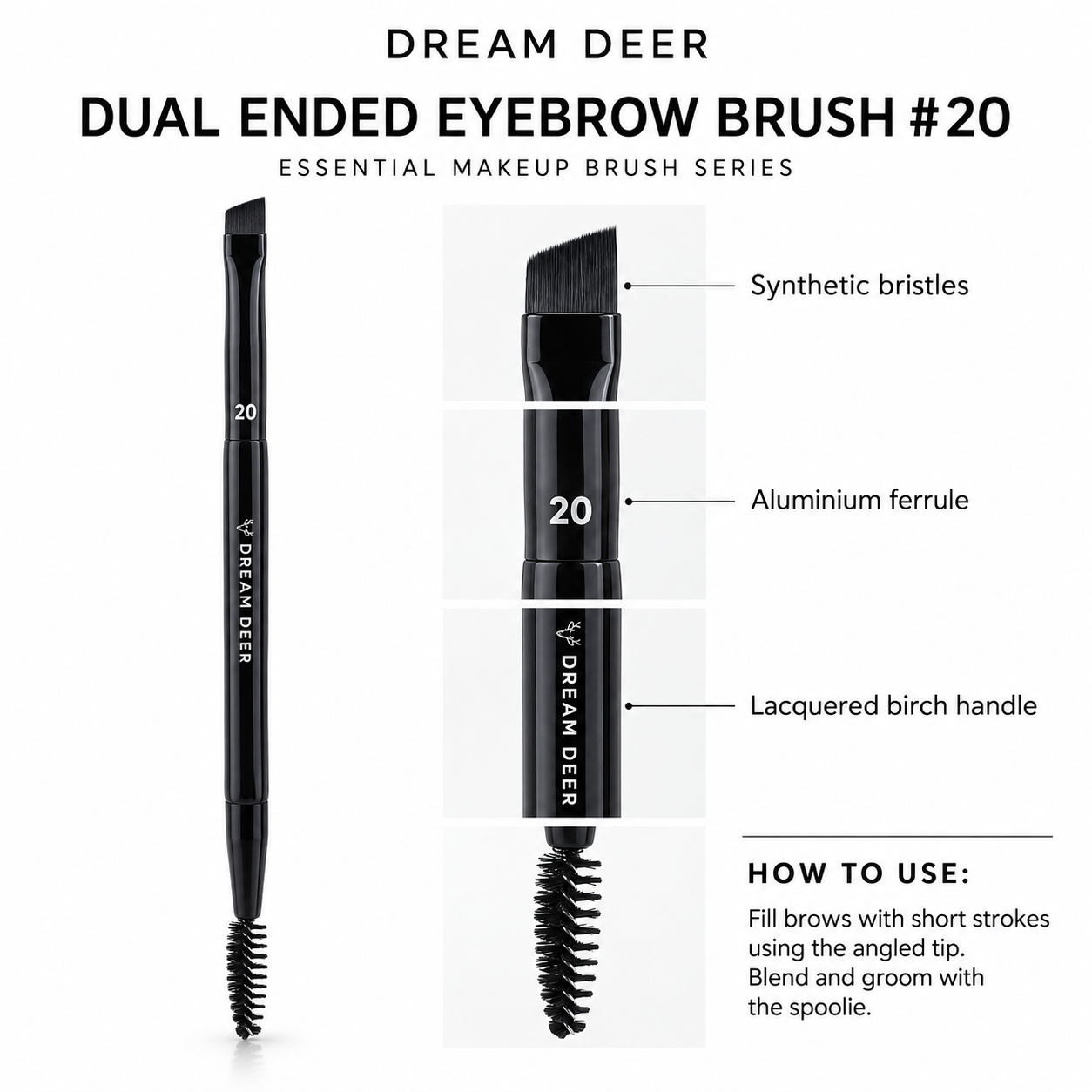 Dream Deer Dual Ended Eyebrow Brush #20 details and materials