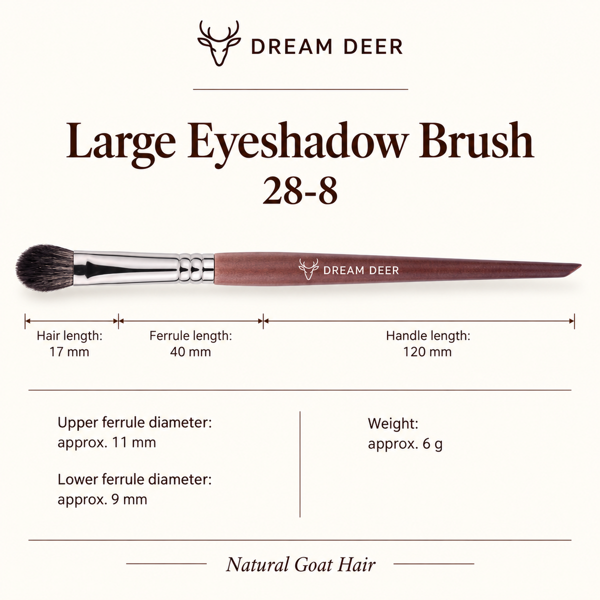 Dream Deer Large Eyeshadow Brush — Professional Series 28-8 — measurements
