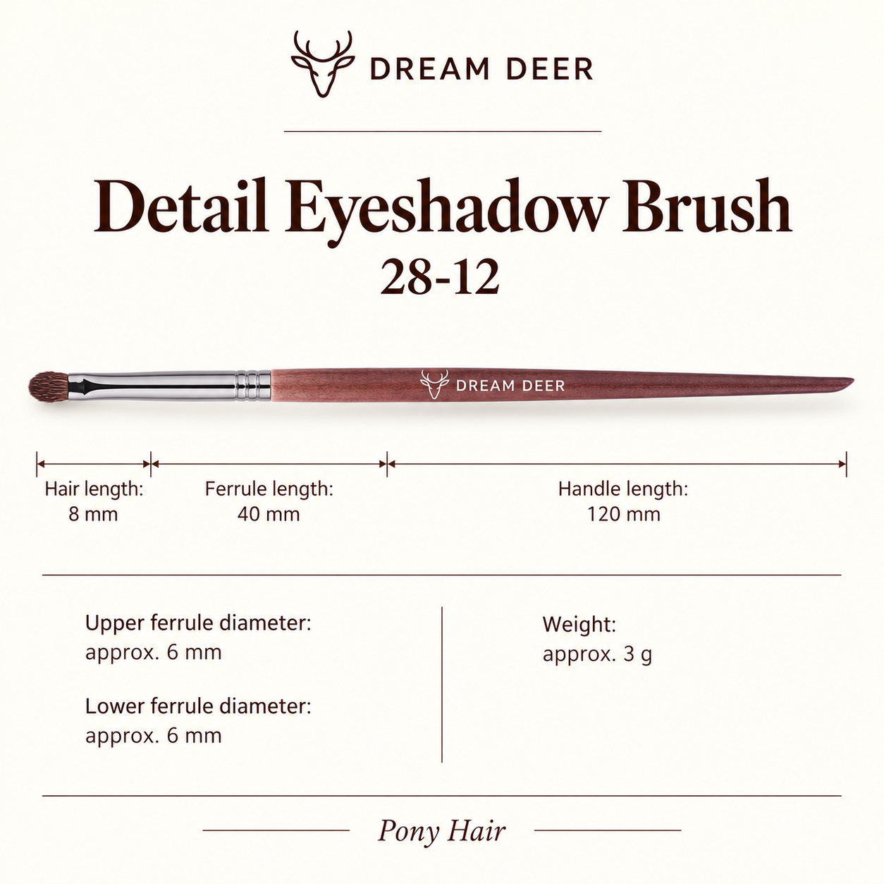 Dream Deer Detail Eyeshadow Brush — Professional Series 28-12 — measurements