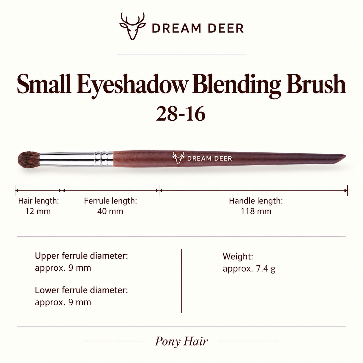 Dream Deer Small Eyeshadow Blending Brush — Professional Series 28-16 — measurements