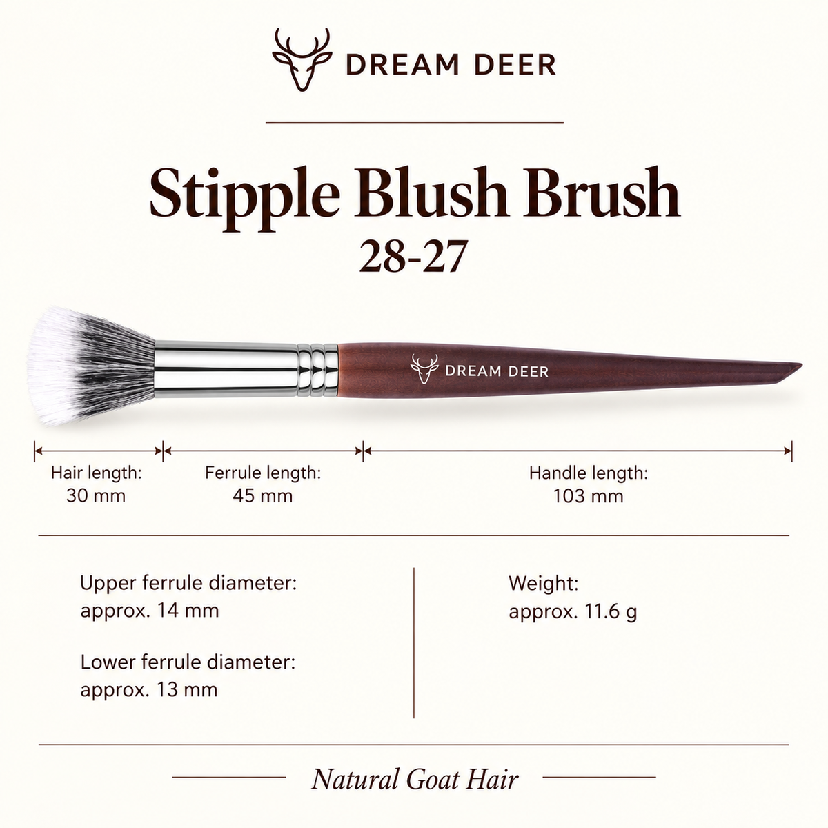 Dream Deer Stipple Blush Brush — Professional Series 28-27 — measurements