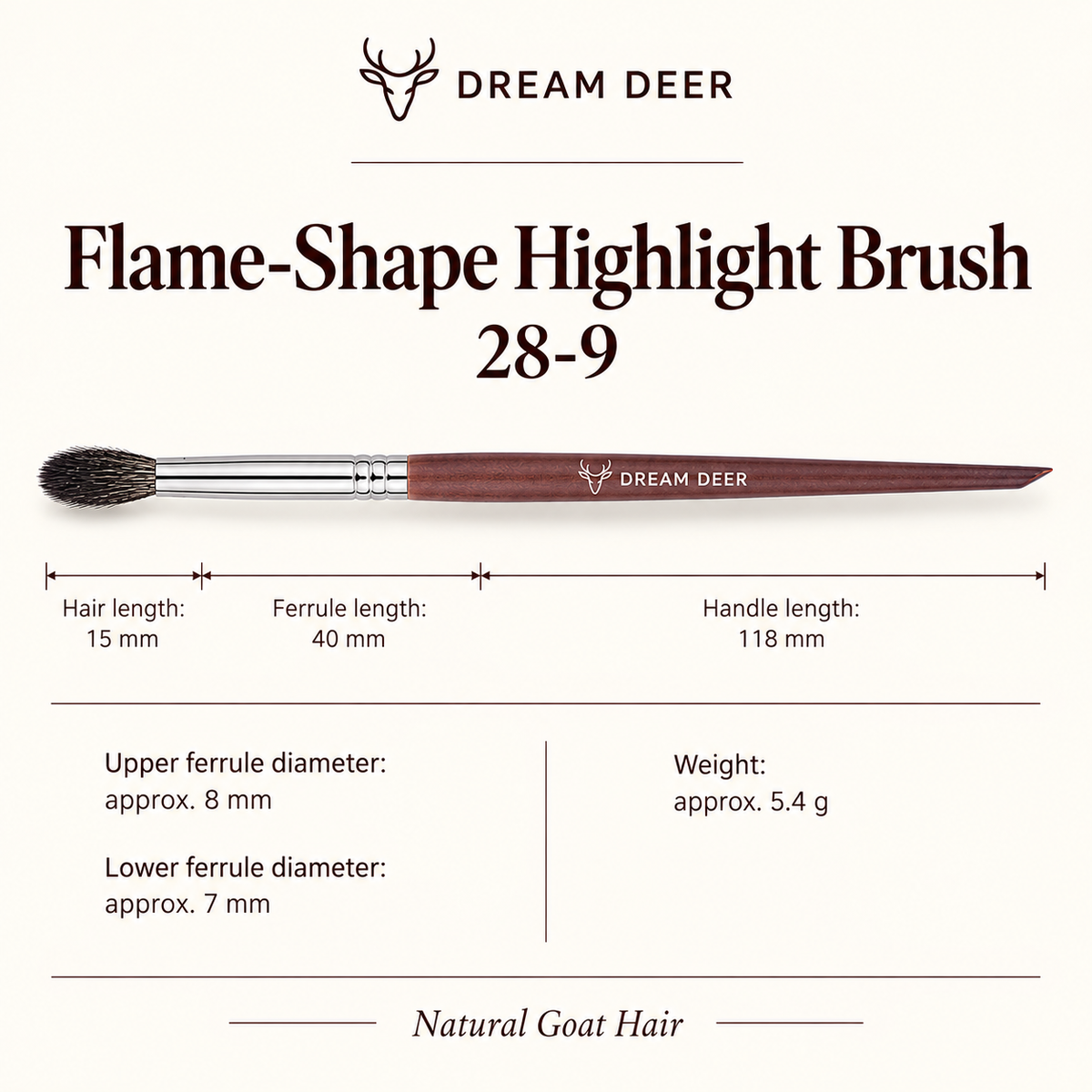 Dream Deer Flame-Shape Highlight Brush — Professional Series 28-9 — measurements