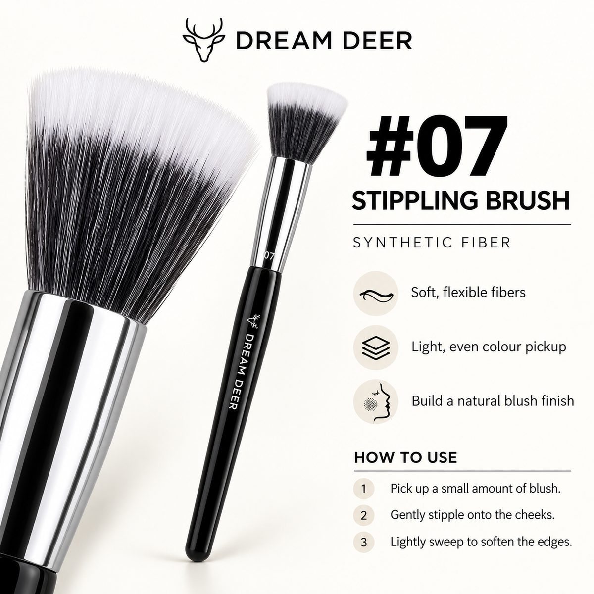 Dream Deer #07 Stippling Brush — synthetic bristle closeup and blush application guide