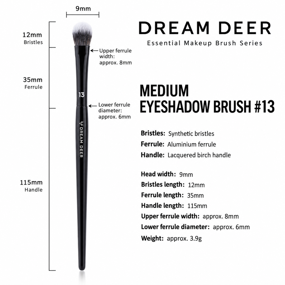 Dream Deer Medium Eyeshadow Brush #13 measurements