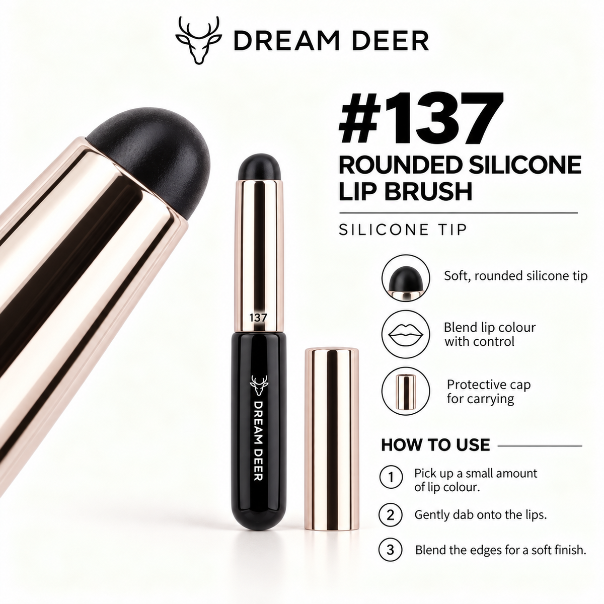 Dream Deer #137 Rounded Silicone Lip Brush — rounded black silicone tip with cap and lip colour blending guide