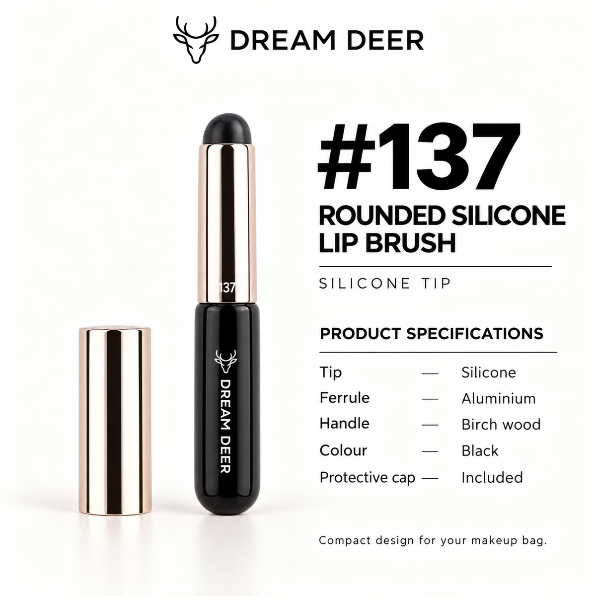 Dream Deer #137 Rounded Silicone Lip Brush — silicone tip aluminium ferrule black birch wood handle protective cap included