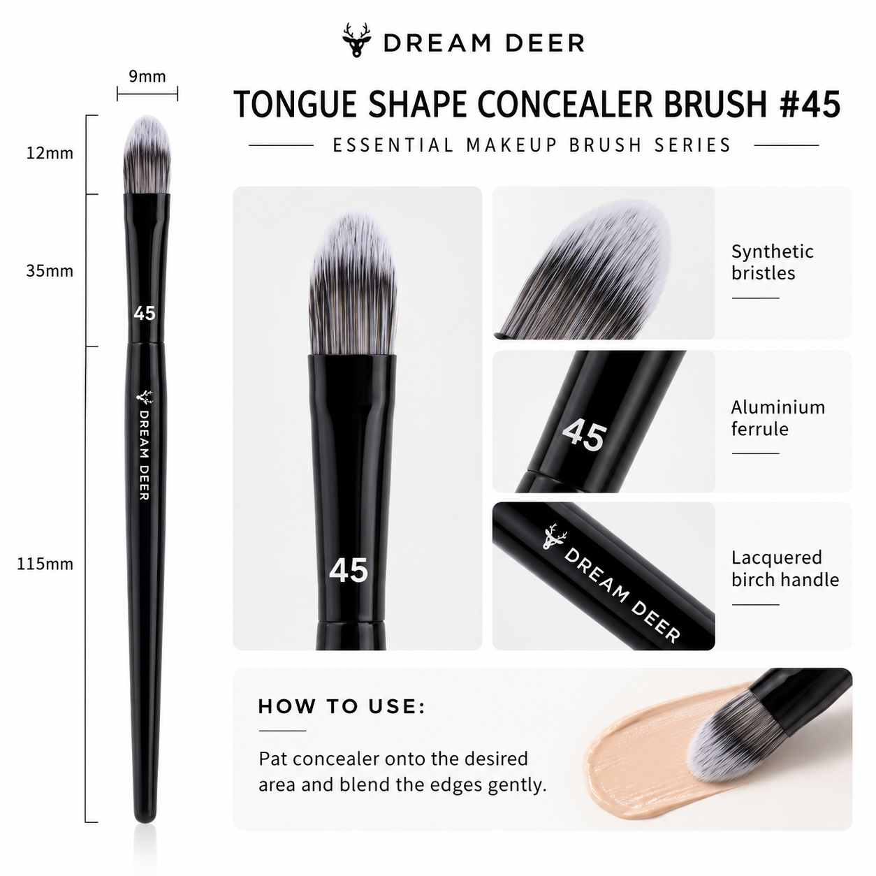Dream Deer Tongue Shape Concealer Brush #45 details and materials
