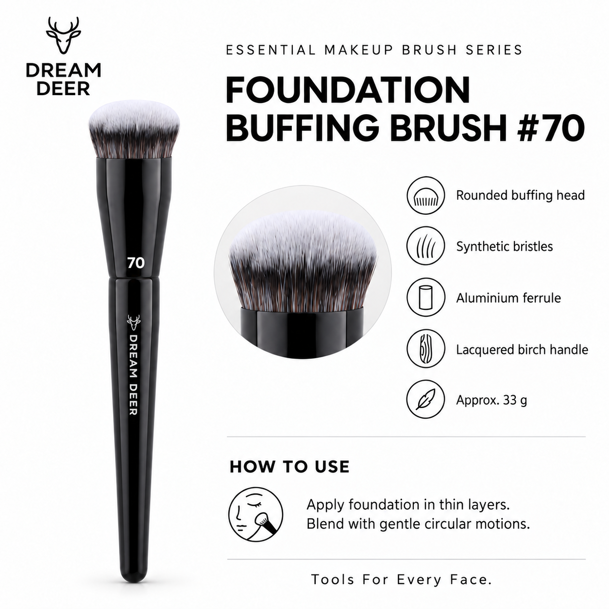 Dream Deer Foundation Buffing Brush #70 details and materials