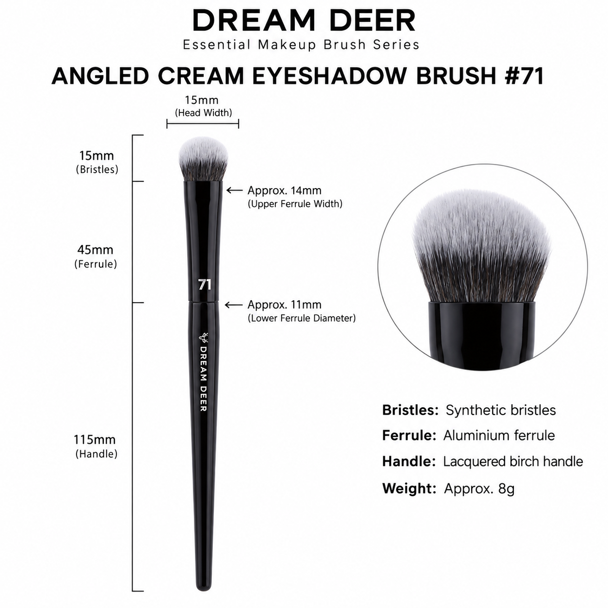 Dream Deer Angled Cream Eyeshadow Brush #71 measurements