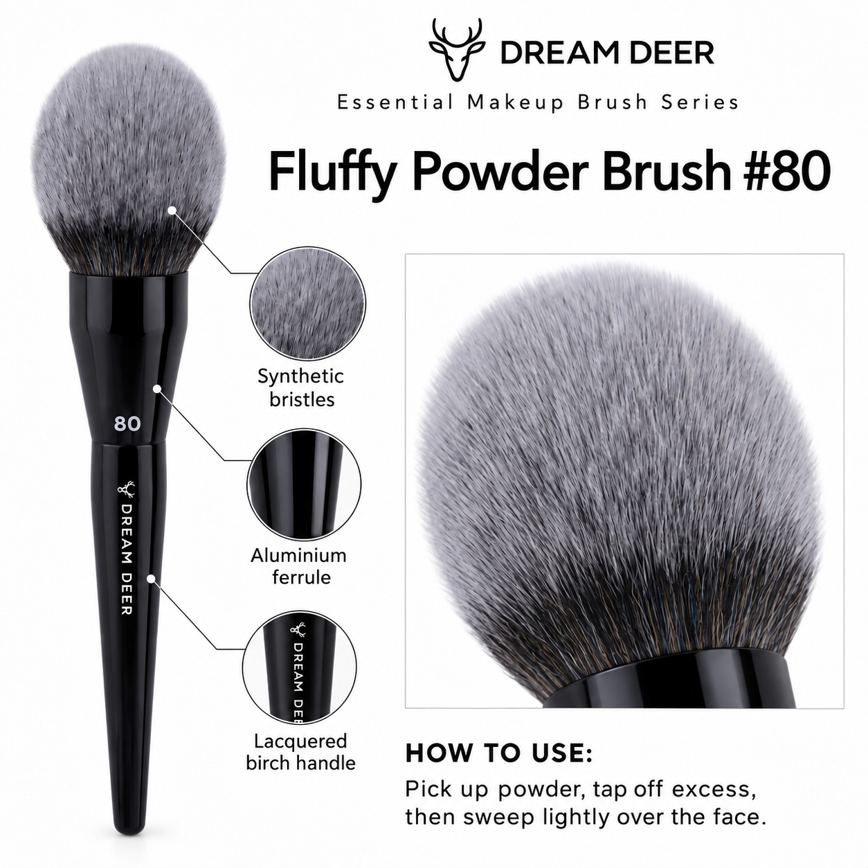 Dream Deer Fluffy Powder Brush #80 details and materials