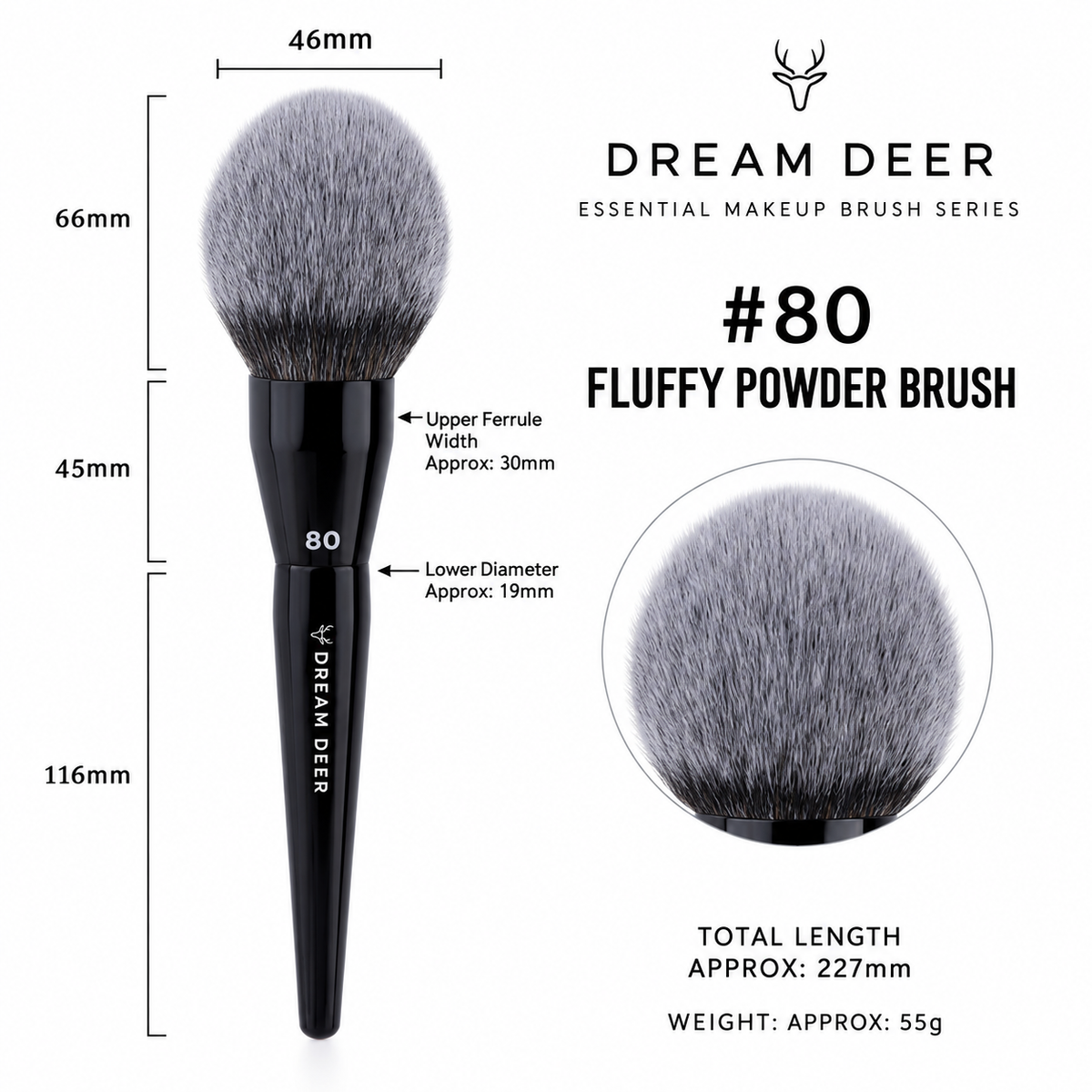 Dream Deer Fluffy Powder Brush #80 measurements